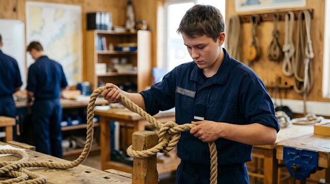 Young man in uniform practicing traditional maritime knot tying skills