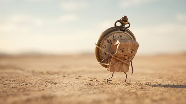 Vintage pocket watch character walking in hot desert sand