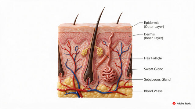 Detailed cross section view of human skin layers including follicle and sweat glands.