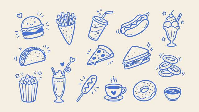 Set of cute hand drawn neive fast food doodle icons including burger fries pizza and sweet desserts