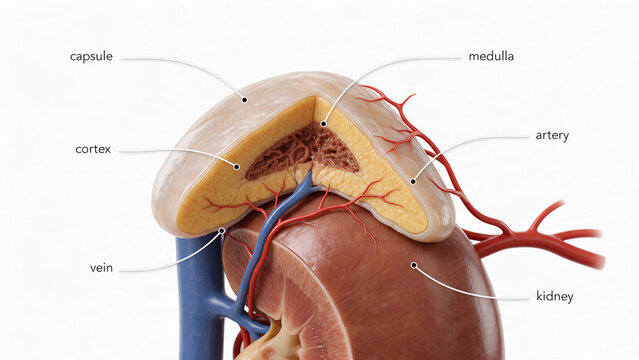 Anatomical rendering of adrenal gland sitting atop kidney with vascular connections.