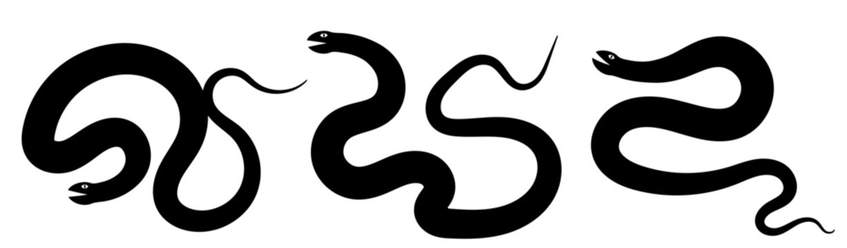 Black snake icon, simple serpent symbol set