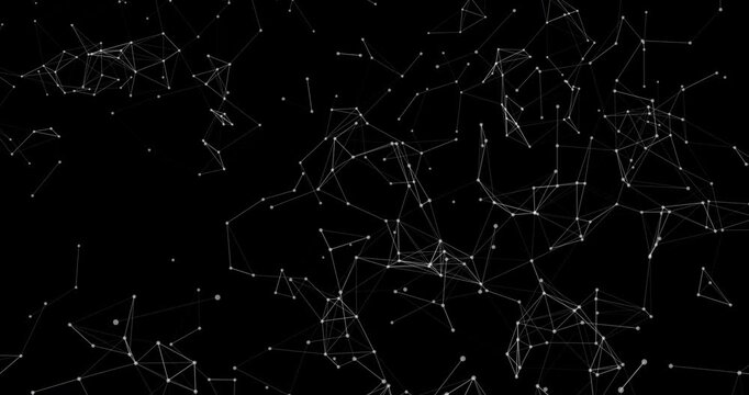 A complex flight into a chaotic mesh of white plexus nodes and intersecting lines. Intricate network connections float fluidly across a dark digital space.