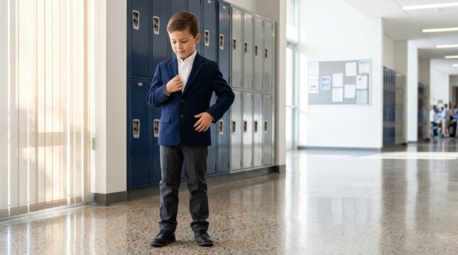 Young boy adjusts navy blazer in bright school hallway with natural light, offering ample copy space