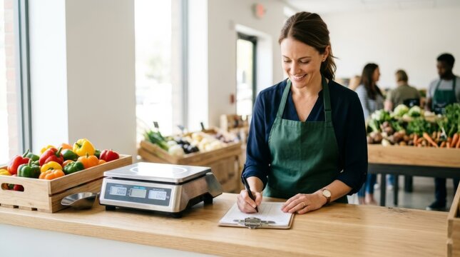 Saleswoman taking wholesale order at counter with fresh peppers and scales in a bright produce market