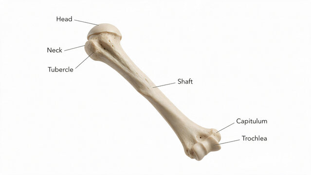 Humerus bone anatomy detail showing head neck tubercle shaft capitulum and trochlea png.