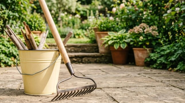 Rake and bucket of broken wood handles on a sunlit stone patio, garden maintenance tools suggesting repair and renewal