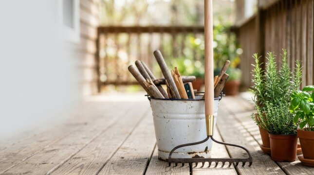 Garden rake with new handle in bucket of old tools on sunlit porch, concept for garden tool repair and maintenance