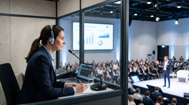 Professional interpreter in soundproof booth translates speech in real-time during a conference presentation to an audience