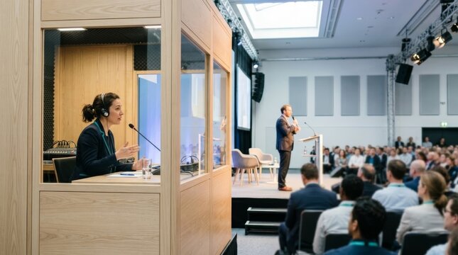 Conference interpreter in soundproof booth translating speaker's speech to global audience, modern event lighting