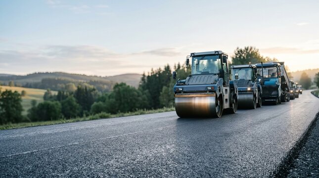 Road resurfacing operation with rollers in formation on asphalt at dawn