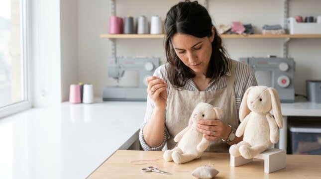 Embroidery artist sewing nose on handmade bunny toy at workstation with sewing machines and spools of thread