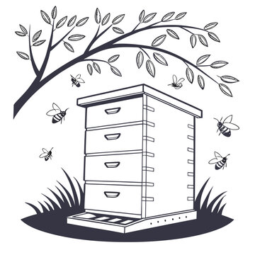 Honey bee hive with flying bees and tree branch black white beekeeping pollination wildlife