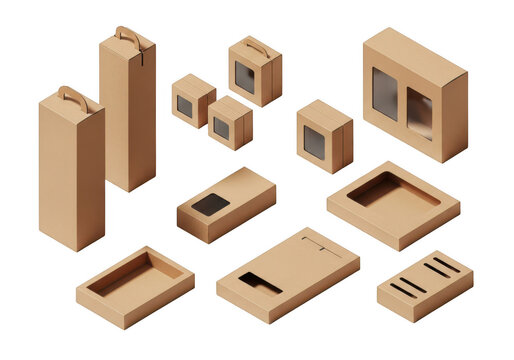 Set of cardboard boxes and paper packaging containers isolated on transparent background