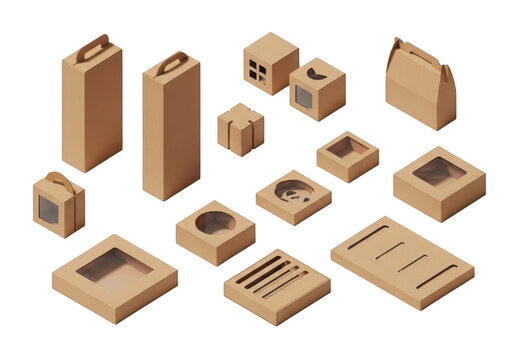 Set of brown cardboard paper boxes and packaging containers isolated on transparent background