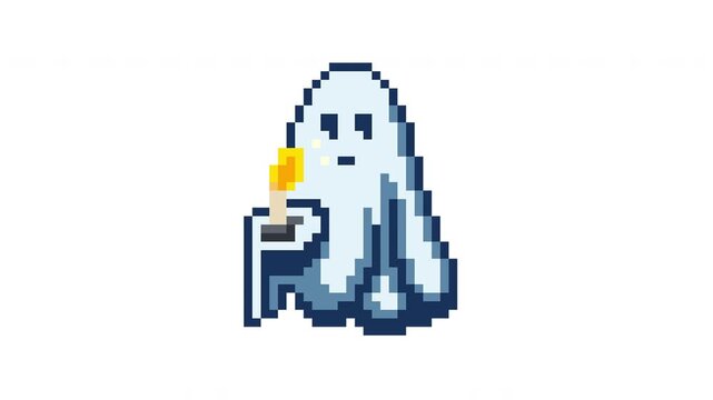 Looped pixel art animation of a cute ghost with a flickering candle. Spooky character for games