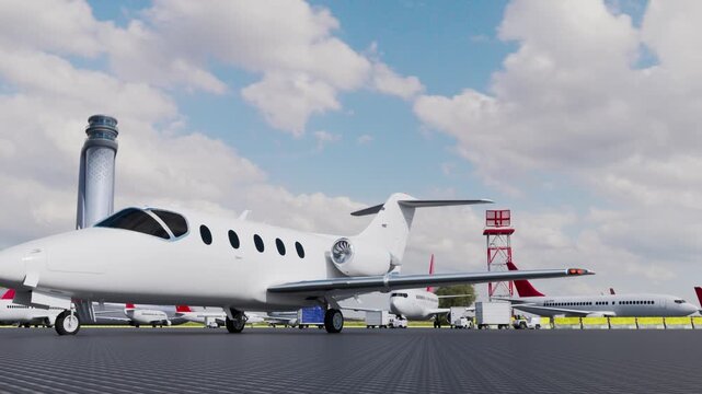 jet with suitcase on runway at airport