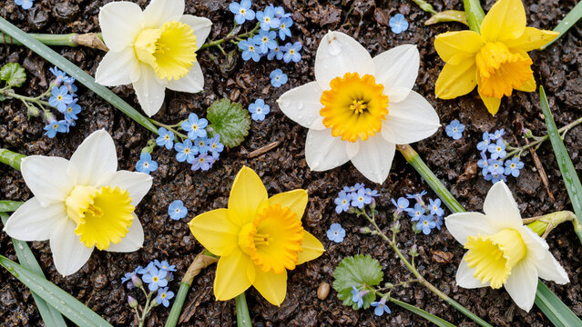 Vibrant Yellow and White Daffodils with Delicate Blue Forget-Me-Not Flowers on Rich Dark Garden Soil