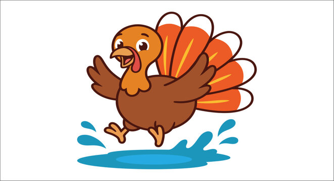 Cartoon turkey running through a splash of water a colorful vector illustration on a white background