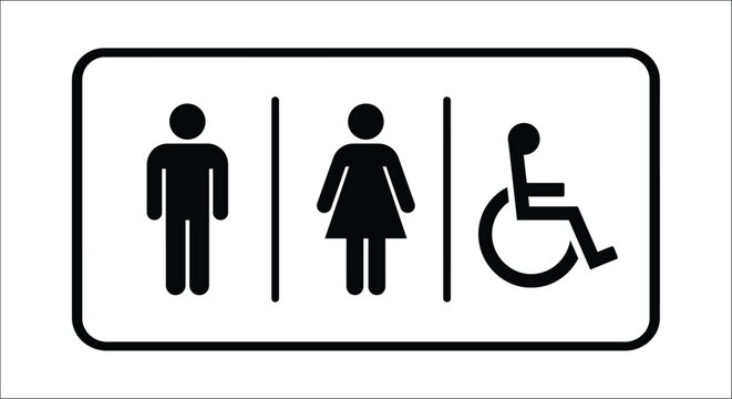 Restroom pictogram featuring male female and wheelchair accessibility symbols on a white background bathroom toilet