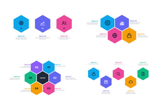 Hexagon infographic set with icons and 3 4 5 and 6 options