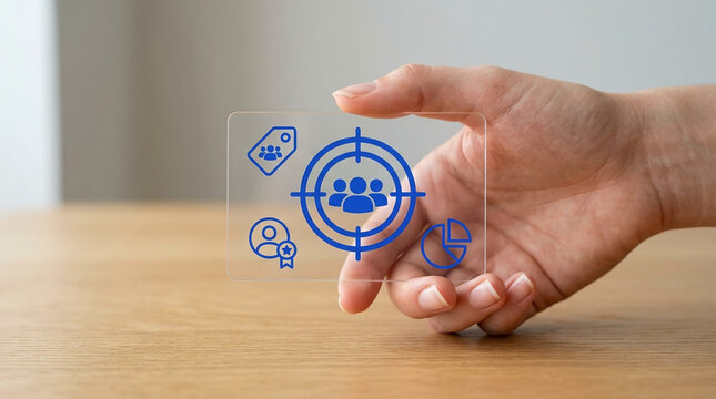 Person holding a transparent card with business icons representing target audience, customer segmentation, and marketing strategy on a wooden table