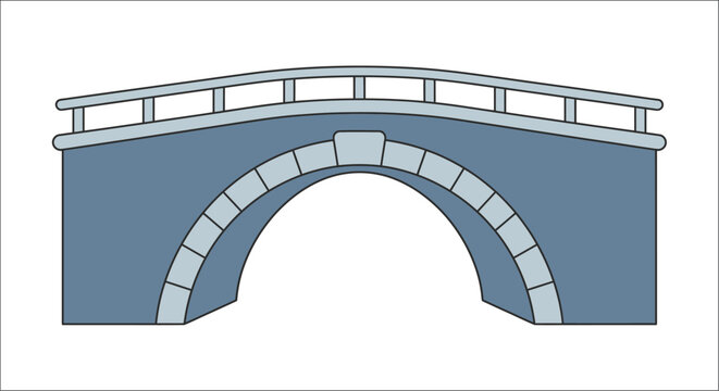 Stone arch bridge with a curved railing is depicted in a flat vector illustration on a white background