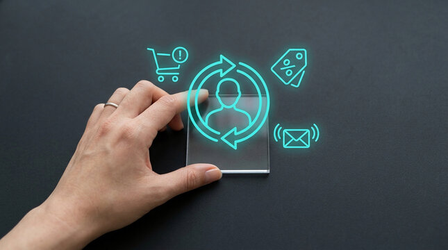 Digital Marketing Strategy and Customer Retention Concept with Hand Holding Glass and Glowing Icons for E-commerce Business Management on Black Background.