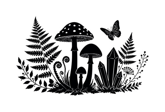 Enchanting black silhouette composition of mushrooms, ferns, crystals, and a butterfly