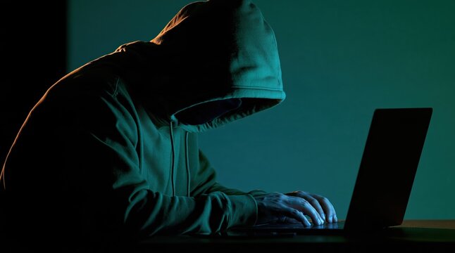 Unrecognizable person in hoodie typing on laptop in dark room