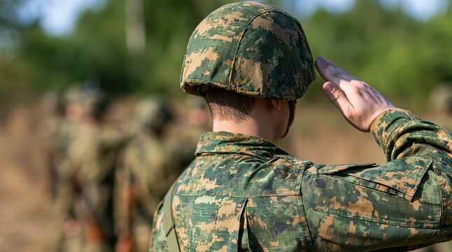 Soldier in camouflage uniform saluting outdoors