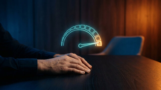 Concept of Business Performance and Speed with Glowing Neon Speedometer Icon Floating Over Professional Hands on Dark Wooden Desk Background