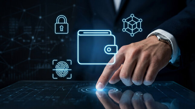 Digital Wallet and Cyber Security Concept with Businessman Using Secure Biometric Authentication and Blockchain Technology for Online Banking