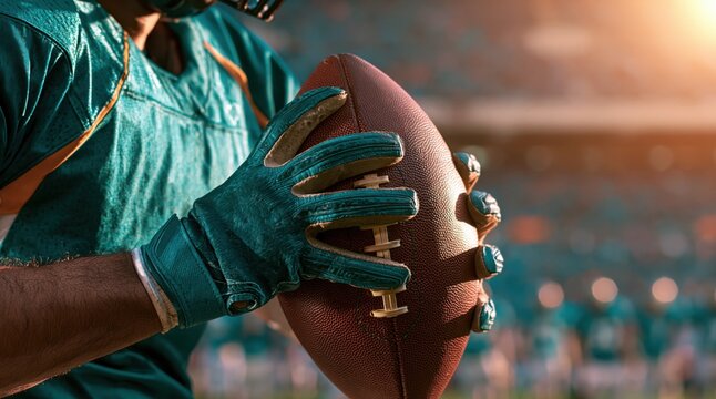 Close up of american football player hands in teal gloves holding ball in stadium
