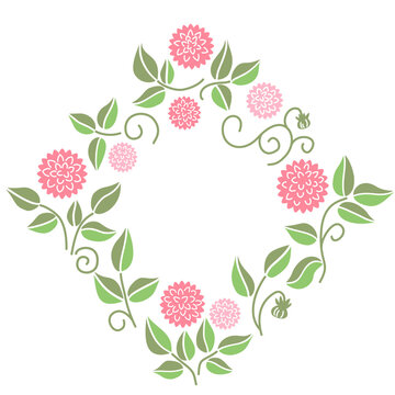 Elegant floral frame with pink dahlia flowers, green leaves, and swirling vines isolated on a white background vector illustration for copy space.