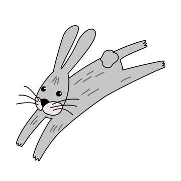 Cute grey hare jumping in mid air, isolated on a white background vector illustration in outline hand drawn style.