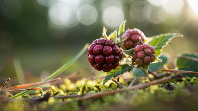 Ripe arctic bramble berries growing naturally in northern woodland. Arctic bramble berries on green moss