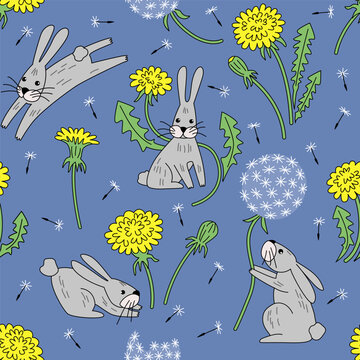 Cute seamless pattern with grey hares and blooming dandelions with seeds on a blue background vector illustration in hand drawn doodle style.