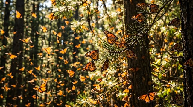 Orange monarch butterflies resting on pine tree branches in a forest