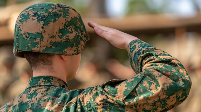 Soldier in digital camouflage uniform performing military salute
