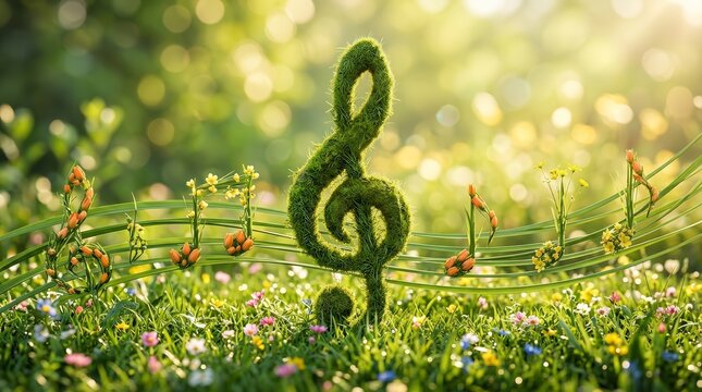 Musical notes and a treble clef made of lush green grass growing among blooming flowers.
