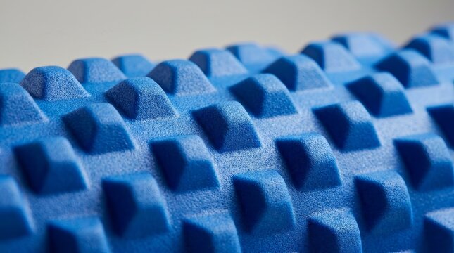 Blue textured foam roller macro shot for sports massage and physical therapy.