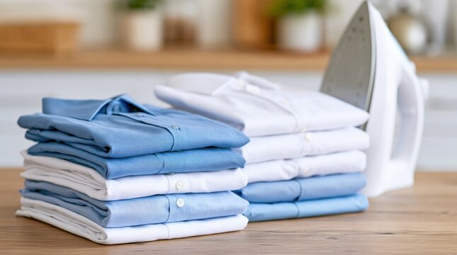 Folded blue and white shirts on wooden table next to electric iron