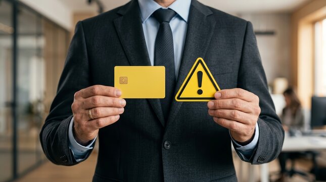 Corporate credit card misuse prevention and financial discipline concept with warning icon.