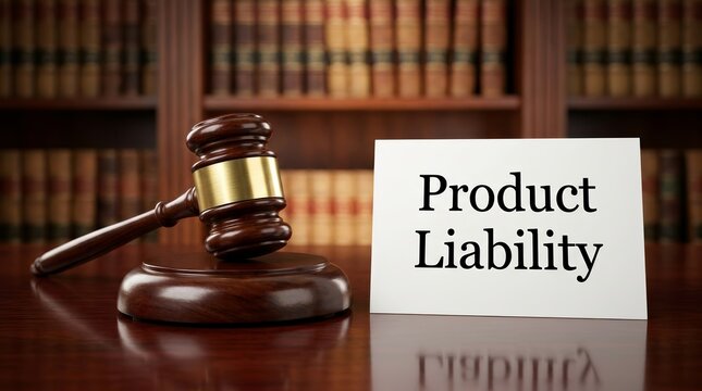 Defective merchandise litigation concept featuring a product liability sign and a wooden gavel.