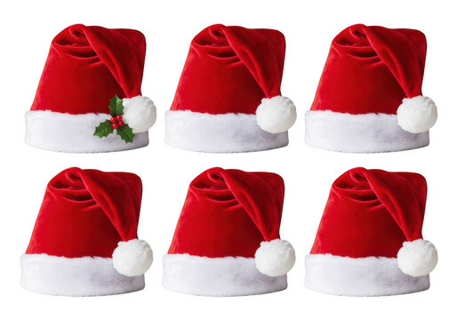 Set of six red santa claus hats for christmas holiday isolated on transparent background
