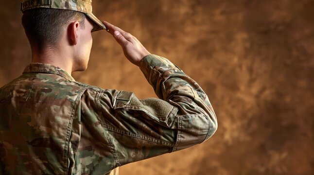 Male soldier in military camouflage uniform saluting against brown background