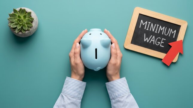 A person holding a blue piggy bank next to a chalkboard showing minimum wage increase.