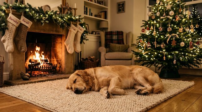 Golden retriever dog sleeping peacefully on rug in front of cozy christmas
