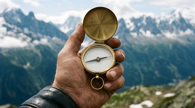 Person holding a brass compass against a snowy mountain range background
